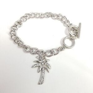 Vintage Palm Tree Charm Bracelet, Silver Tone Chain, Beach Jewelry, Signed